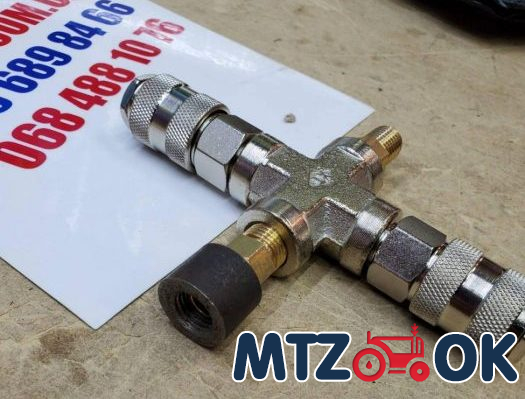 Переходник на ресивер МТЗ (на 2 шланга) с 2 быстросъемами на пневмо сиденье и пистолет продувочный Переходник на ресивер МТЗ (на 2 шланга) с 2 быстросъемами на пневмо сиденье и пистолет продувочный